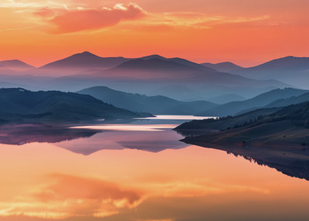 The sun is setting, casting a warm glow over a serene lake with majestic mountains in the background. The sky is painted with hues of orange and pink as the day comes to an end.の素材