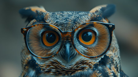 A detailed close-up of an owl with glasses perched on its beak, showing intricate feathers and sharp talons.の素材