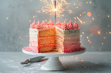 A cake with pink frosting covering its surface, topped with a sparkler that emits a bright flame. The sparkler sparkles and crackles, illuminating the surrounding area.の素材