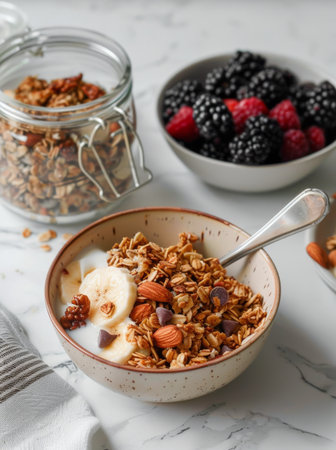 A table is set with three bowls filled with granola, fresh berries, and creamy yogurt. The granola is crunchy, the berries are vibrant, and the yogurt is thick and tangy. The three elements create a balanced and delicious breakfast or snack.の素材