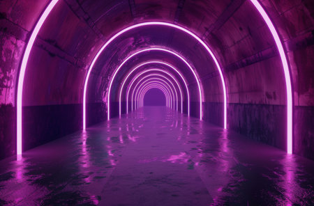 A tunnel illuminated by vibrant purple lights creating a striking visual effect. The lights are evenly spaced along the tunnel, casting a unique hue on the walls.の素材