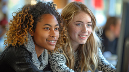 Two young women are sitting together, focusing intently on a computer screen in front of them. They appear engaged in a conversation or task as they study the content displayed.の素材