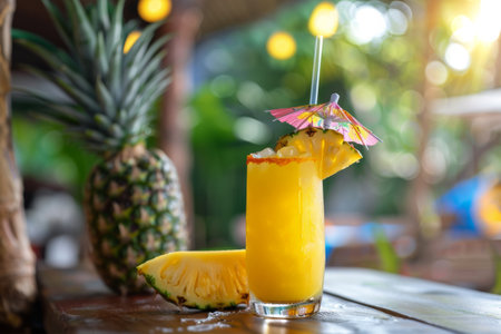 A ripe pineapple and a refreshing pineapple drink are placed on a wooden table. The yellow fruit stands next to the glass filled with the tropical beverage, creating a summery and tropical scene.の素材