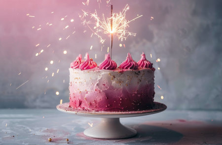 A cake with pink frosting covering its surface, topped with a sparkler that emits a bright flame. The sparkler sparkles and crackles, illuminating the surrounding area.の素材