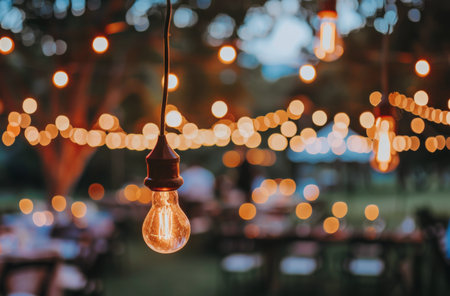 A collection of numerous lights suspended from the ceiling, creating a luminous display. The bulbs are a mix of sizes and shapes, emitting a bright glow in a room.の素材