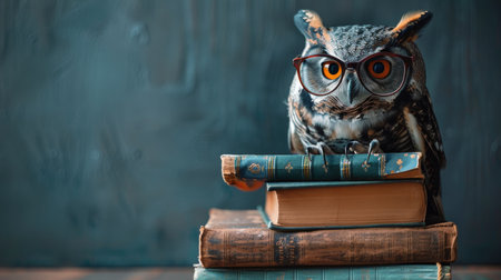 An owl is sitting on top of a closed book, perched carefully on its cover. The owls feathers are visible, with its sharp talons gripping the books spine.の素材