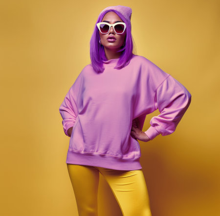 A woman with vibrant purple hair is wearing a cozy pink sweater and bright yellow tights. She stands confidently, showcasing her unique style and colorful outfit.の素材