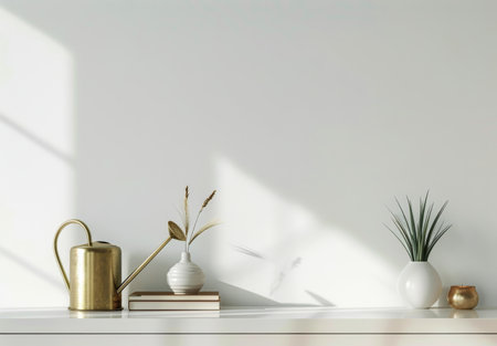 A shelf is adorned with a vase holding flowers, a lush plant, and an open book. The vase is filled with colorful blooms, the plant adds a touch of greenery, and the open book suggests a moment of literary exploration.の素材