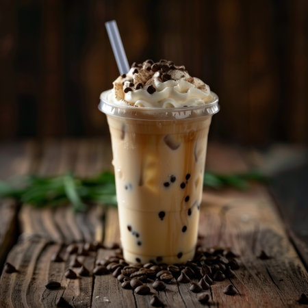 A glass filled with iced coffee topped with chocolate chips rests on a wooden table. The icy drink glistens under the light, and the rich aroma of coffee and chocolate fills the air.の素材