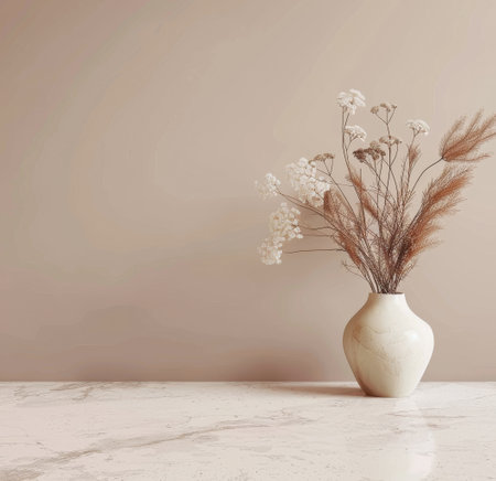 A ceramic vase filled with colorful flowers, such as roses and daisies, placed on top of a wooden table. The table is simple in design, with no tablecloth or additional decorations present.の素材