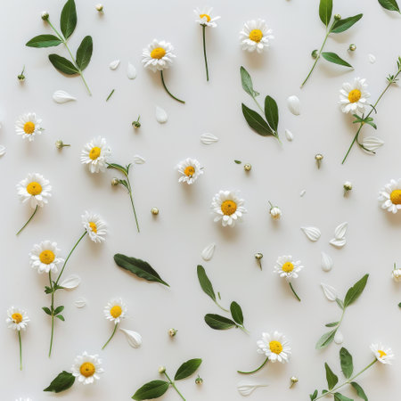 Cluster of white and yellow flowers neatly arranged on a white surface.の素材