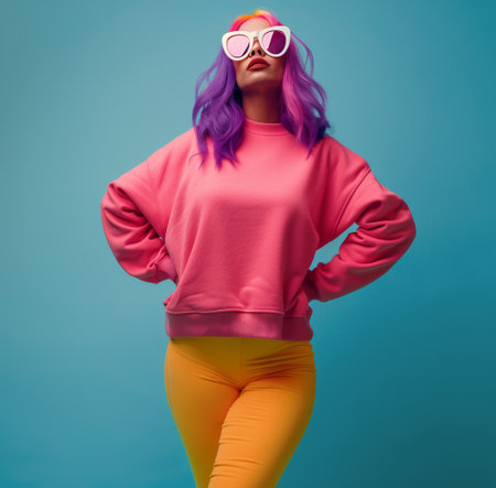 A woman with vibrant purple hair is wearing a cozy pink sweater and bright yellow tights. She stands confidently, showcasing her unique style and colorful outfit.の素材