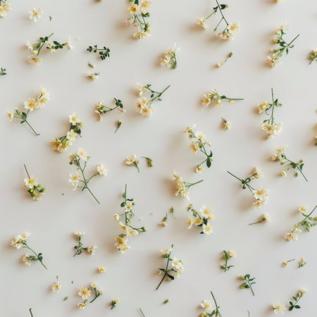 Yellow and white flowers arranged neatly on a white surface, creating a simple and elegant composition.の素材