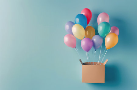 A box overflowing with colorful balloons and confetti, set against a vibrant blue backdrop.の素材