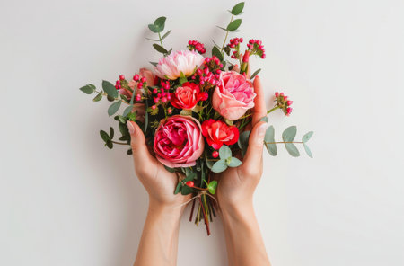 A person is holding a bunch of bright red flowers in their hand.の素材