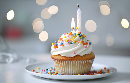 A delicious cupcake topped with smooth white frosting and colorful sprinkles, sitting on a plate. The frosting is perfectly swirled on top of the cupcake, with an assortment of sprinkles adding a pop of color and texture.の素材