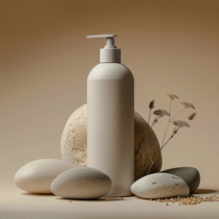 A soap dispenser is placed on top of a pile of rocks, contrasting the man-made object with the natural surroundings. The dispenser stands out against the rough texture of the rocks.の素材