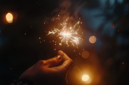 A person is holding a sparkler in their hand, creating bright sparks and light. The hand grips the sparkler firmly as it glows in the dark, illuminating the surrounding area with shimmering light.の素材