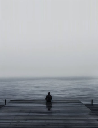 A person is sitting on a dock, facing out towards the vast ocean. The individual appears contemplative as they take in the view of the water. The scene is peaceful and quiet, with the sound of gentle waves lapping against the dock.の素材