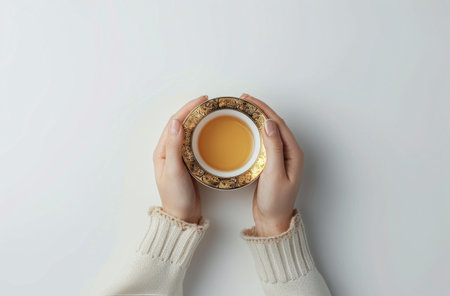 A person holding a cup of tea in their hands, with steam rising.の素材