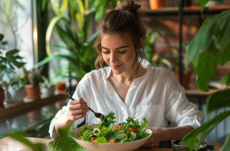 A woman is seated at a table, engaging in the act of eating a salad. She is focused on her meal, holding a fork and bringing the food to her mouth.の素材