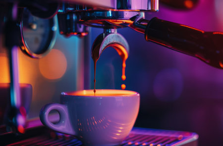 A cup of coffee is being poured into a coffee machine. The liquid is flowing smoothly into the machine, ready to be brewed and served.の素材