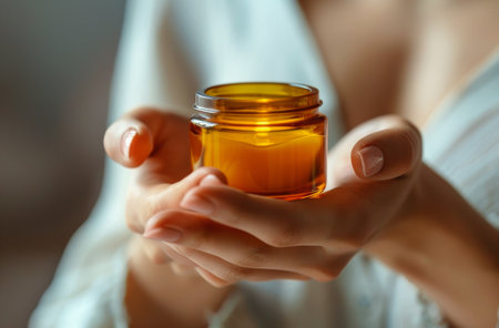 A woman is standing holding a jar of honey in her hands. She is looking at the jar with a focused expression, showcasing the golden liquid inside. The woman's hands are delicately grasping the jar, highlighting the importance of the honey.の素材