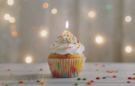 A single cupcake topped with smooth white frosting and colorful sprinkles sits on a plate. The frosting is swirled elegantly on top of the moist cake, creating a visually appealing dessert that is ready to be enjoyed.の素材