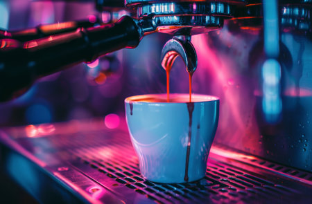 A cup of coffee is being poured into a coffee machine. The liquid is flowing smoothly into the machine, ready to be brewed and served.の素材