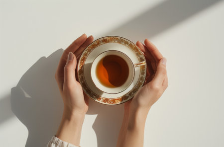 A person holding a cup of tea in their hands, with steam rising.の素材
