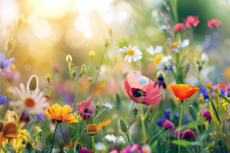A vibrant field filled with a variety of colorful wildflowers and daisies swaying in the breeze under the bright sun. Bees buzzing from flower to flower, collecting nectar, while butterflies flutter around adding to the colorful scene.の素材