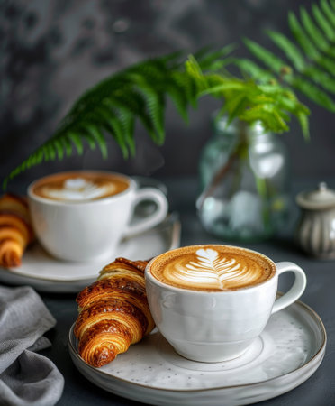 Two ceramic cups filled with coffee sit next to a freshly baked croissant on a white plate. Steam rises from the cups, indicating a hot beverage. The croissant appears flaky and golden brown.の素材