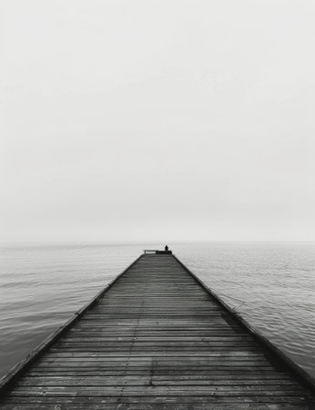 A long wooden pier stretches far out into the vast ocean, disappearing into the distant horizon. The pier is supported by numerous wooden posts and provides access to boats and ships.の素材