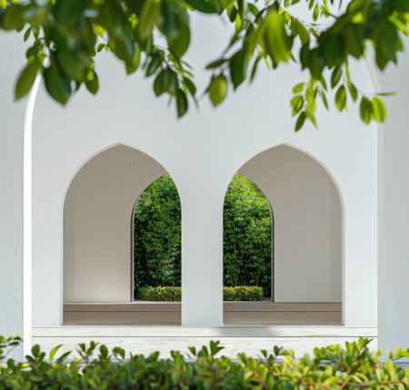 Two archways stand in a row, with lush trees in the background. The architectural structures frame the natural landscape.の素材