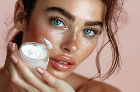 A woman is holding a jar of cream to her face, applying the cream with her fingers. She appears to be focusing on a skincare routine, possibly moisturizing or cleansing her skin.の素材