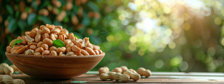 A wooden bowl brimming with assorted nuts sits atop a sturdy wooden table, creating a rustic and wholesome display.の素材