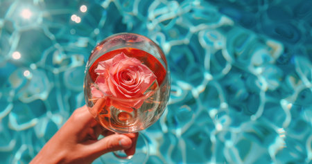 A person is holding a glass of red wine while standing next to a vibrant red rose. The individual appears to be enjoying the drink and the beauty of the flower.の素材