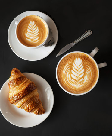 Two white ceramic cups filled with coffee sit beside a freshly baked croissant on a wooden table. The steam rises from the cups, indicating their warmth, while the croissant appears golden and flaky. The scene suggests a cozy breakfast or coffee break setting.の素材