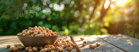 A wooden bowl filled with assorted nuts rests on a rustic wooden table, creating a simple yet inviting display.の素材