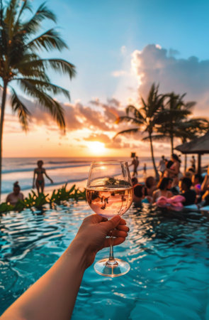 A person standing by a swimming pool, holding a glass of wine.の素材