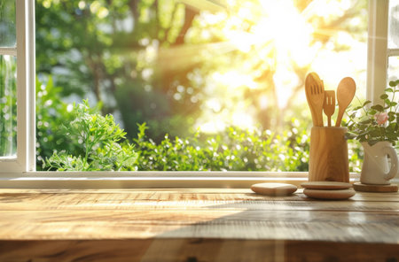 A cup filled with wooden spoons placed on top of a wooden table.の素材