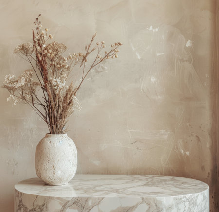 A ceramic vase filled with colorful flowers, such as roses and daisies, placed on top of a wooden table. The table is simple in design, with no tablecloth or additional decorations present.の素材