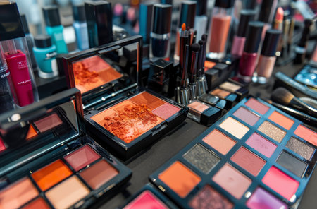 A collection of different makeup products neatly arranged on shelves in a store. Lipsticks, eyeshadows, foundations, and brushes are prominently displayed for customers to browse and purchase.の素材