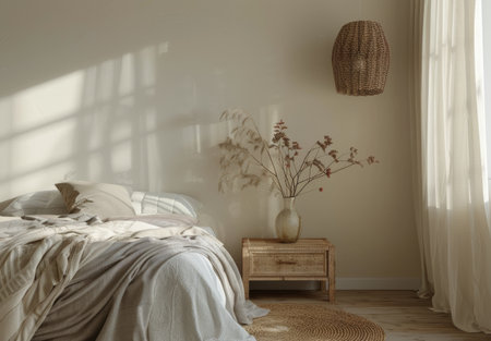 A bedroom featuring a large bed with a cozy quilt and pillows. A woven basket is suspended from the ceiling, adding a unique touch to the room decor.の素材
