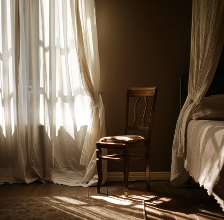 A bedroom featuring a bed and a chair.の素材