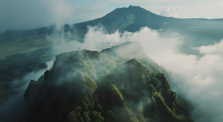 A view from above showing a mountain range shrouded in clouds.の素材