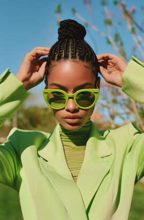 A woman dressed in a vibrant green suit and matching sunglasses stands confidently. The ensemble complements her poised stance, exuding a sense of style and sophistication.の素材