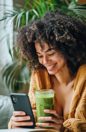 A woman standing and holding a drink in one hand while looking at her cell phone in the other hand. She appears focused on the screen as she checks messages or social media updates.の素材
