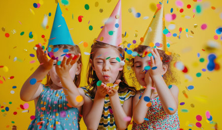 Three young girls wearing party hats are celebrating with confetti.の素材