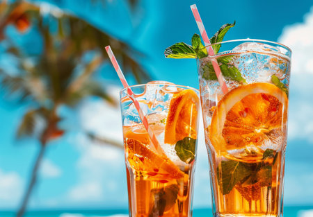 Two clear glasses filled with iced tea, each garnished with a slice of orange and a sprig of fresh mint. The glasses sit on a table, condensation droplets glistening on the sides.の素材